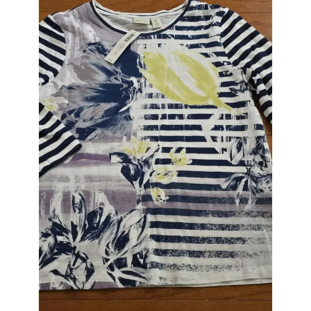 Zenergy By Chicos Striped Floral Print T Blue White 3Q Sleeve New With Tags MP - Picture 2 of 6